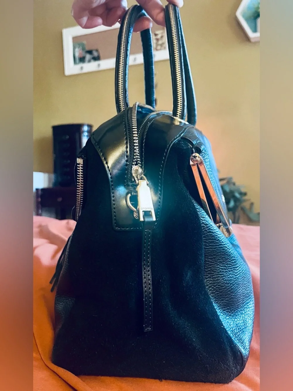 CROMIA Black Italian leather and suede satchel